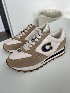 Coach runner c logo lace up jogger sneakers chalk midnight navy w/ tan suede 8